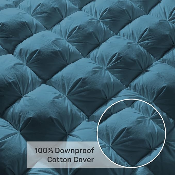 UNIKOME Pinch Pleat Goose Feather Down Comforter - 20% Extra Fill, 108oz, All Season Duvet Insert with 100% Cotton Cover, Cloud-Like Fluffiness (Navy, King,106"X90")