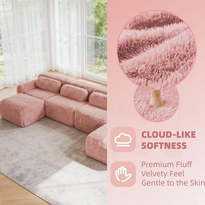 149" Modular Sectional Sofa, Modern Sectional Couch, U-Shape Boneless Couch for Living Room Apartments Bedroom, 32D High Density Sponge Lounge Sofa, No Assembly Required, Pink
