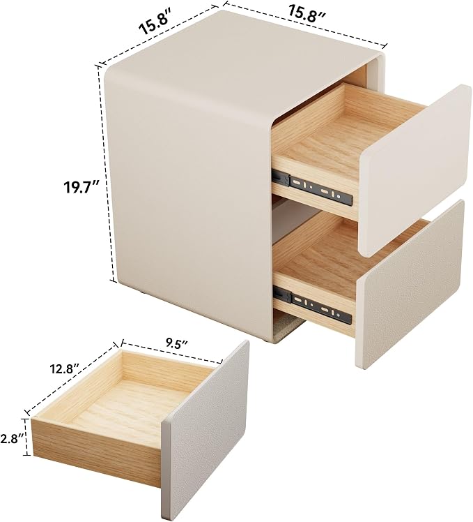 15.8" W Faux Leather Narrow Nightstand, Fully-Assembled Bedside Table with 2 Drawers, Wood Night Stand Small Accent End Table & Side Table for Bedroom, White - Image 2