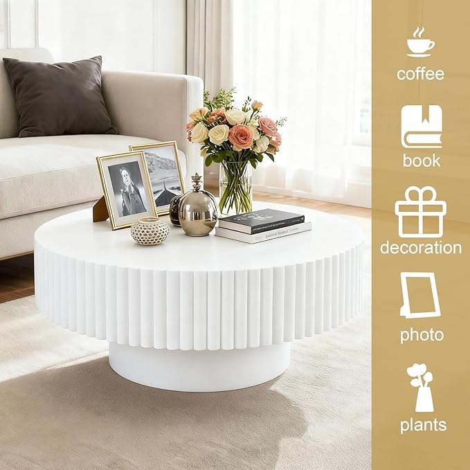 Rovibek Fluted Round Coffee Table, 31.5" Modern Coffee Table with Fluted Base, Circle Wooden Accent Center Table for Living Room Apartment Office, Easy Assembly, White