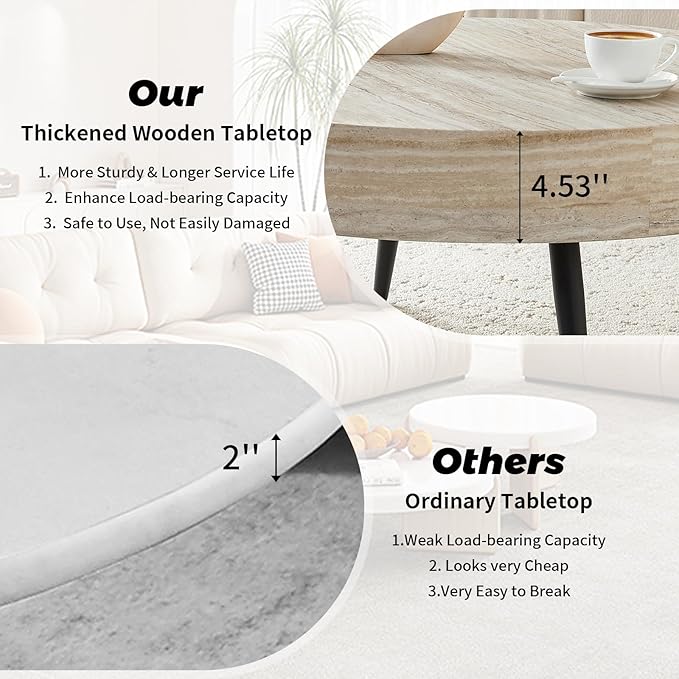 Round Coffee Table, Small Wood Stone Coffee Table with Storage, Modern Mid Century Circle Tables Accent Center Tables for Living Room Apartment Small Space (31.5''D-Stone Travertine Pattern)
