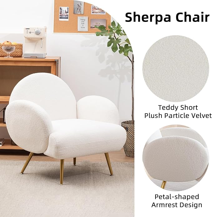 Accent Chair White with Golden Metal Legs,Reading Chair for Bedroom Comfy, Boucle Sherpa Chair for Living Room, Bedroom
