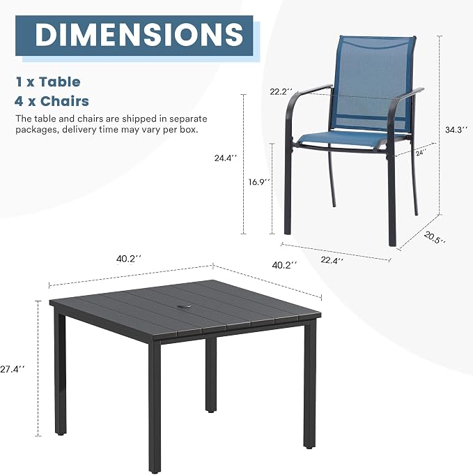 DIFY 5 Pieces Outdoor Patio Dining Set for 4, 40.2" Black Square Metal Dining Table and 4 Blue Stackable Textilene Patio Chairs, Outdoor Table and Chairs for Backyard Garden Poolside - Image 8
