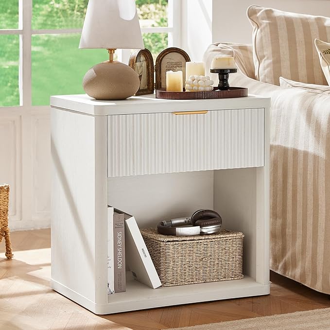 LEYAOYAO Fluted Nightstand with Charging Station, 23" Wide 1 Drawers End Table,White Night Stand with Open Storage Cabinet, Farmhouse Bed Side Tables, Wood Dresser for Bedroom, Living Room, Closet by LEYAOYAO-Findtheshiningpointofyourideallife%EF%BC%81