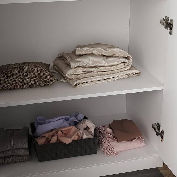 FAMAPY 4 Door Wardrobe with Shelves, Armoire Wardrobe with Hanging Rod, Gold Metal Handles, Closet for Bedroom White (31.7”W x 19.3”D x 74.9”H)