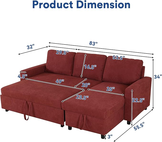 Rovibek 83" Convertible Sofa Bed Couch with Storage - 4 in 1 L Shaped Sofa with Pull Out Couch Bed for Living Room, Apartment, Office, Small Spaces, Red