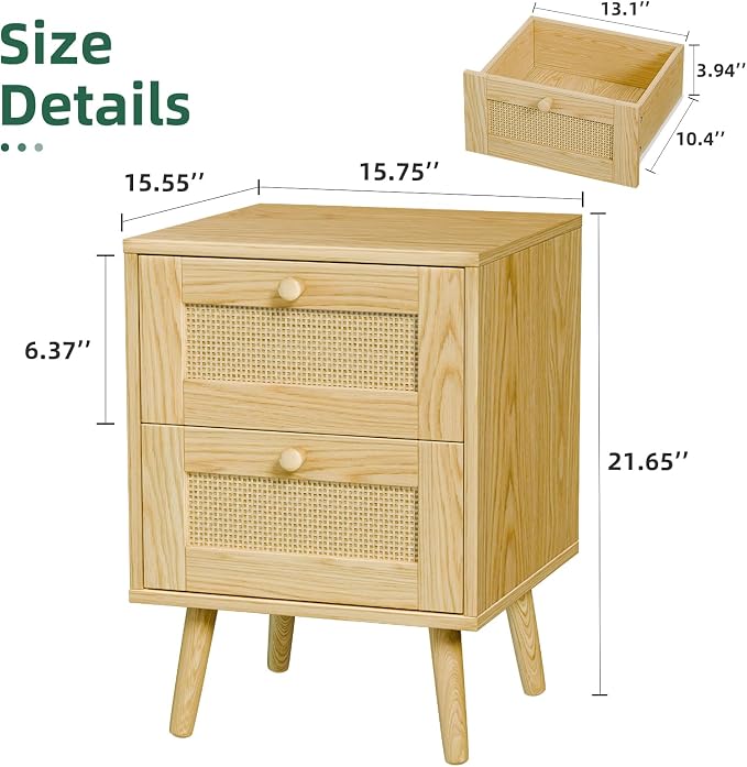 Rattan Nightstand, End Table, Dresser for Bedroom, Side Table with 2 Hand Made Rattan Decorated Drawers, Wood Night Stand Beside Table with Storage for Bedroom, Dorm, Natural, 1 Pack - Image 2