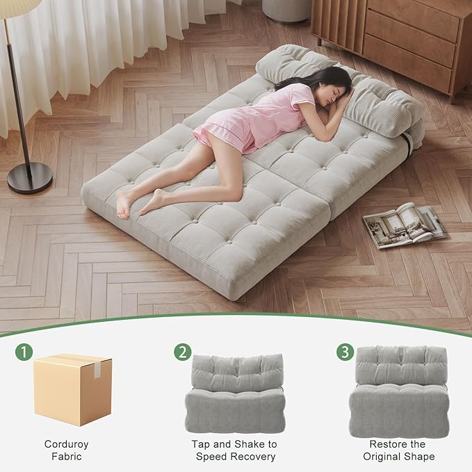 GarveeHome Folding Sofa Bed, Floor Folding Couch with Pillow, Futon Sofa Bed Convertible Sleeper Chair Foldable Mattress Back Support, Portable Fold Out Couch, Full, Corduroy, Beige