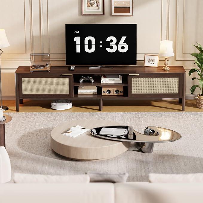 IKALIFE TV Stand for Living Room - Fits up to 65 Inch TVs, Rattan Media Console Table with Adjustable Shelves & 2 Storage Cabinets, Mid-Century Modern Entertainment Center, Walnut 58" - Image 6