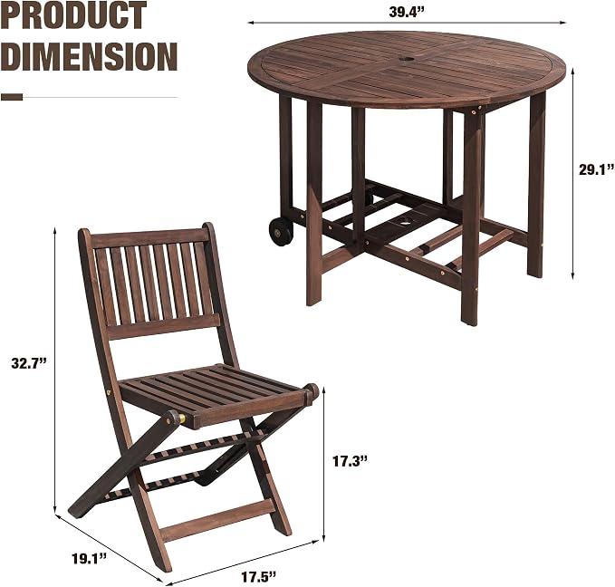 Devoko 5 PCS Patio Furniture, Patio Dining Set Acacia Wood Outdoor Table and Chairs, with 4 Folding Chairs and 37" Round Movable Table, Outdoor Dining Set for Lawn, Balcony, Garden (Deep Brown) - Image 7