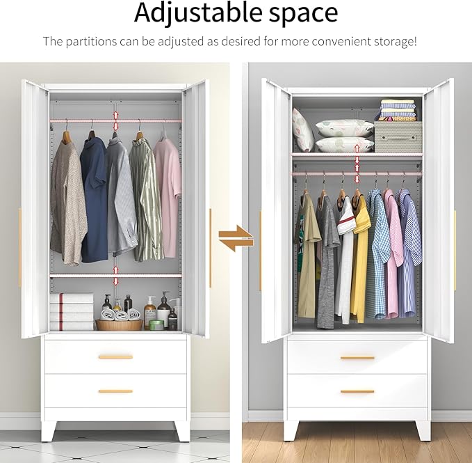 75.3" Tall Metal Armoire Wardrobe Closet with 2 Doors and 2 Drawers, Adjustable Hanging Rod and Adjustable Shelf, Freestanding Storage Cabinet Organizer for Bedroom, Office, Laundry Room，White