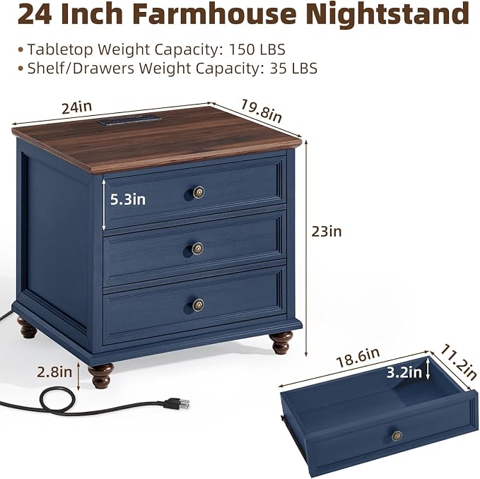 Joaxswe Farmhouse Nightstand with Charging Station, 24" Wide End Table with 3 Drawers,Blue Wood Dresser for Bedroom, Bed Side Table Chest of Drawers Cabinet,Night Stand for Living Room, Closet - Image 2