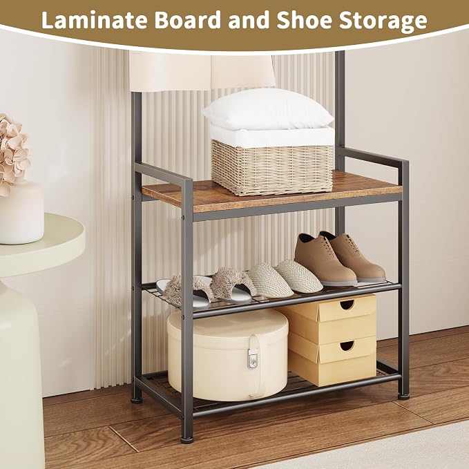 Coat Rack Hall Tree with Shoe Storage, Entryway Hall Tree Storage Bench, Wood Look Accent Furniture with Metal Frame, 3-in-1 Design, Rustic Brown - Image 6