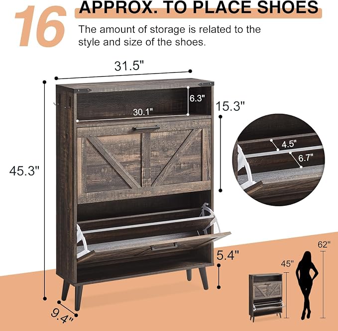 Barnyatoh Shoe Storage Cabinet,Farmhouse Shoe Organizer with 2 Flip Drawers & Barn Door Design,Freestanding Hidden Slim Narrow Shoe Rack Cabinet with Open Storage for Entryway, Foyer,Hallway, Dark oak - Image 2