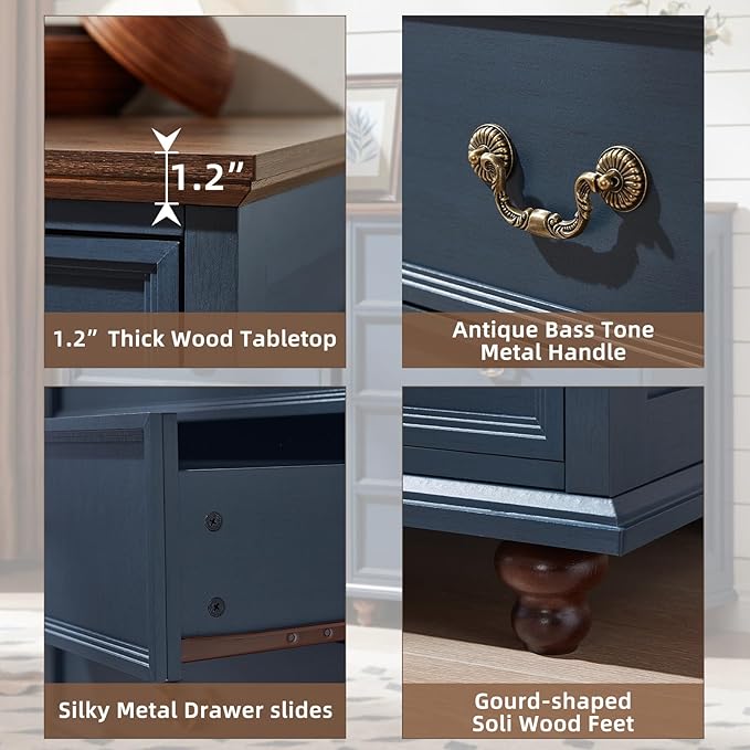 Joaxswe 24" Wide Farmhouse Nightstand with Charging Station Set of 2, 45" Tall Rustic Chests of 5 Drawers w/ 4 Solid Wood Feet, Farmhouse Furniture Series for Living Room,Bedroom,DarkBlue