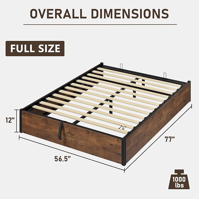LUXOAK 3 Pieces Bedroom Sets, Includes Full Size Lift Up Storage Platform Bed Frame, 2 Drawers Farmhouse Nightstand Set of 2 with Charging Station, No Box Spring Needed, Rustic Brown