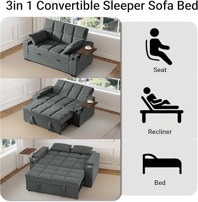 65'' 3-in-1 Sleeper Sofa Bed with Pull-Out Couch & Side Table, Convertible Loveseat with Adjustable Backrest, Velvet Chaise Lounge with USB & Type-C Ports, Dark Grey