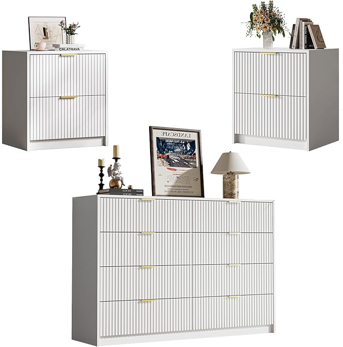MAISONARIA 3-Piece Dresser Bedroom Set, 8 Drawer Dresser & 2 Drawer Nightstands with Gold Handles, Fluted Wood Chest of Drawers for Bedroom, Living Room, Entryway, White