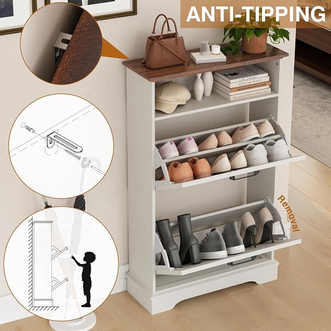 Shoe Storage Cabinet with 2 Flip Drawers, 24" W Farmhouse Modern Hidden Shoes Rack Cabinet with Adjustable Shelves & Open Storage, Narrow Slim Shoe Organizer for Entryway, Hallway, Antique White - Image 5