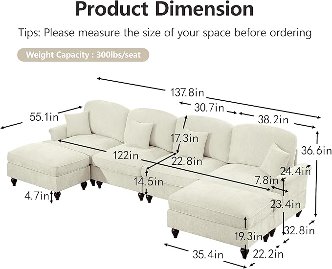 KEIKI Mid Century Modular Sofa with Flared Arms and Skirted Design, 137“ Oversized 4-Seater Luxury with 2 Ottomans Chenille Sectional Couches for Living Room, Chaise Lounge Indoor, Beige White
