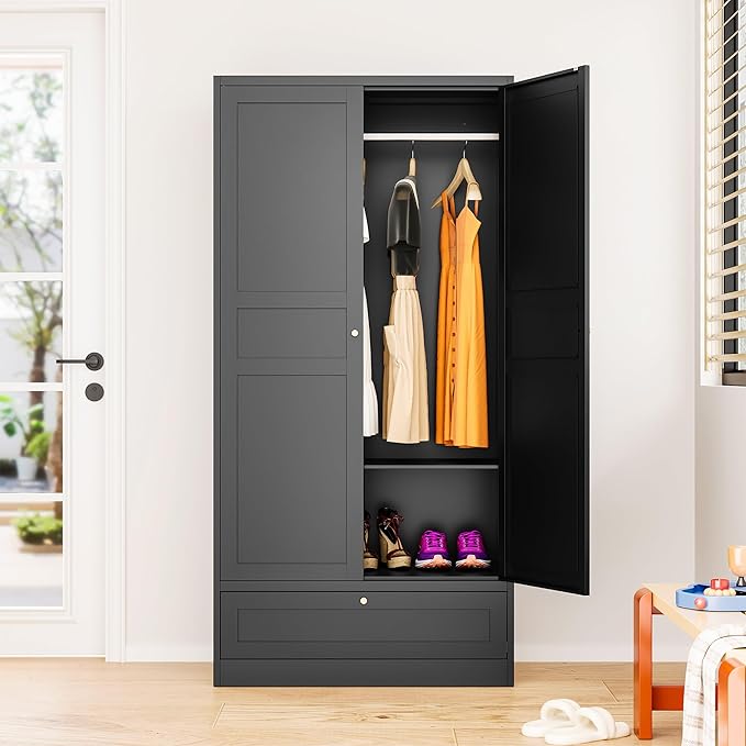 SISESOL Metal Wardrobe Cabinet with Drawer,Armoire Wardrobe Closet with Doors,Black Metal Clothing Storage Cabinet with Adjustable Shelves and Hanging Rod for Home,Bedroom Armoires