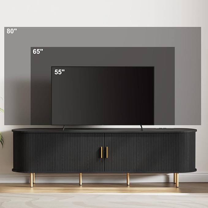 DHH 70.8 Inch Mid Century Modern TV Stand with Power Outlet for TVs up to 80 Inch, Entertainment Center with Storage and Adjustable Shelves, Media Console with Sliding Doors for Living Room, Black - Image 3