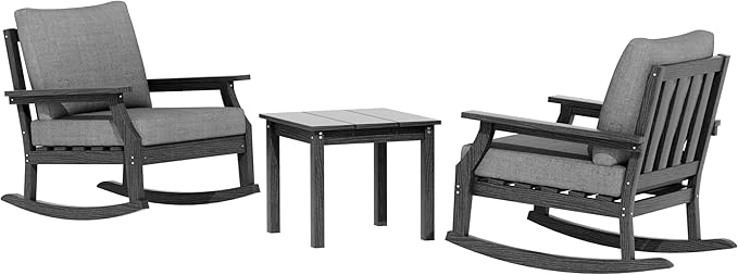 HDPE Patio Conversation Set, 3-Piece All Weather Outdoor Furniture Set with 2 Rocking Sofas for Deck, Lawn, with Cushion, Black