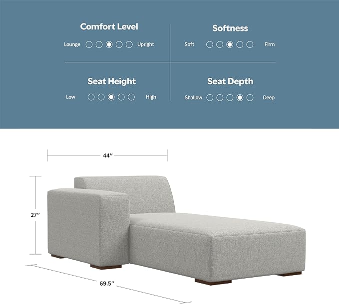 SIMPLIHOME Rex Left Chaise Sofa Module in 100% Recycled Polyester Tightly Woven Performance Fabric, Pale Grey, 44-inches W x 69.5-inches D, Handcrafted Modern-Style Left-Arm Chaise Lounge Chair