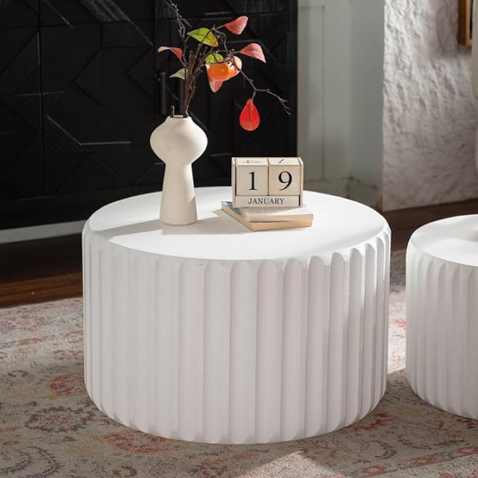 kevinplus 46.46'' White Round Coffee Table Set of 2, Modern Circle Fluted Drum Nesting Elegnant Coffee Table for Living Room, No Assembly, White