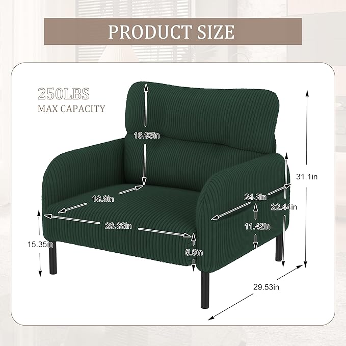 KEIKI 26" Corduroy Single Sofa Chair with Double Side Pockets & High Resilience Cushion, Modern Ergonomic Design Upholstery Oversized 1-Seater Accent Chair, Easy Assembly, for Living Room, Emerald