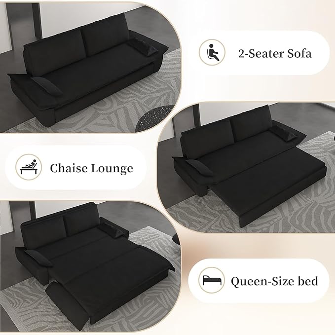 Rovibek 73" Pull Out Couch Queen Size, 3 in 1 Convertible Sleeper Sofa Bed, Velvet Convertible Sofa Bed, Futon Loveseat Sleeper for Living Room, Apartment, Black