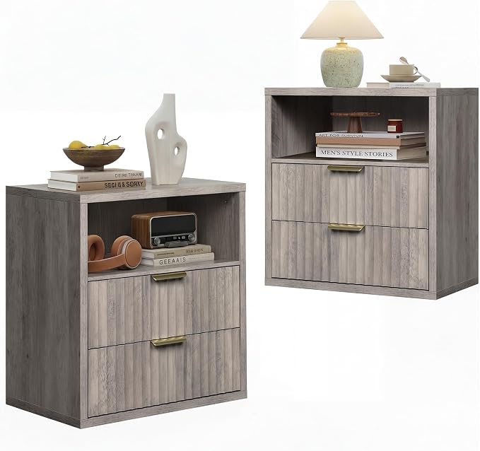 WLIVE Fluted Night Stand Set 2, Wood Nightstands Sets of 2 with Storage Drawers and Open Shelf, Mid Century Modern Bed Side Tables for Bedroom, Dorm, Greige - Image 7