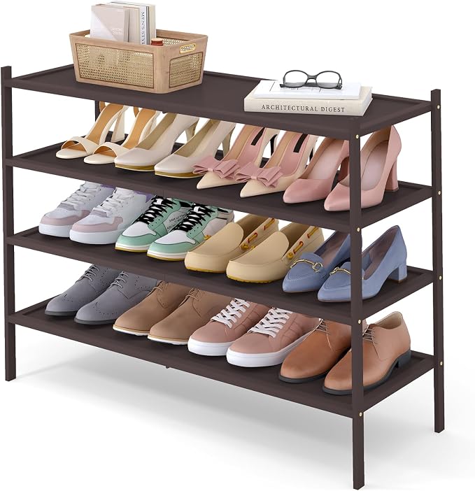 Smiry Bamboo Long Shoe Rack, 4 Tier Shoe Organizer for Entryway & Closet, Stackable Free Standing Storage Shelf for Shoes, Bags & Plants, Brown by Smiry