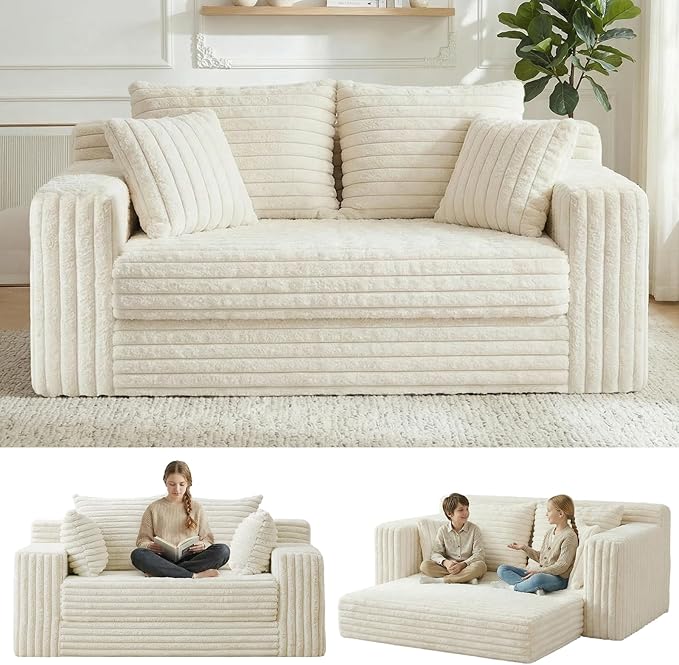 3-in-1 Convertible Sofa Bed: Boneless Loveseat Sleeper & Folding Couch Bed with 4 Pillows & Detachable Cushion,Furry Futon Couch for Bedroom,Apartment,Office and Living Room, No Assembly,Beige