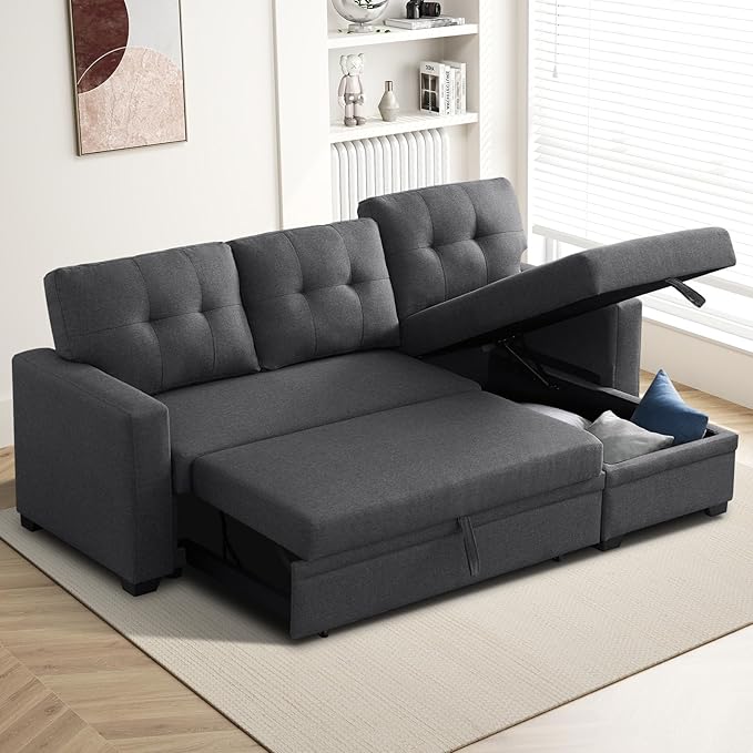 Rovibek 82" Convertible Sofa Bed Couch with Storage - 4 in 1 L Shaped Sofa with Pull Out Couch Bed for Living Room, Apartment, Office, Small Spaces, Dark Grey
