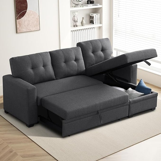 Rovibek 82" Convertible Sofa Bed Couch with Storage - 4 in 1 L Shaped Sofa with Pull Out Couch Bed for Living Room, Apartment, Office, Small Spaces, Dark Grey