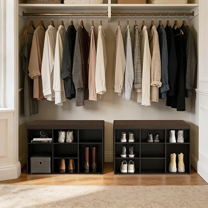 DINZI LVJ Shoe Bench, 9 Cubbies Shoe Organizer for Entryway, Storage Bench with Cushion, Cubby Shoe Rack with Adjustable Shelves for Living Room, Bedroom, Mudroom, Hallway, Espresso - Image 8
