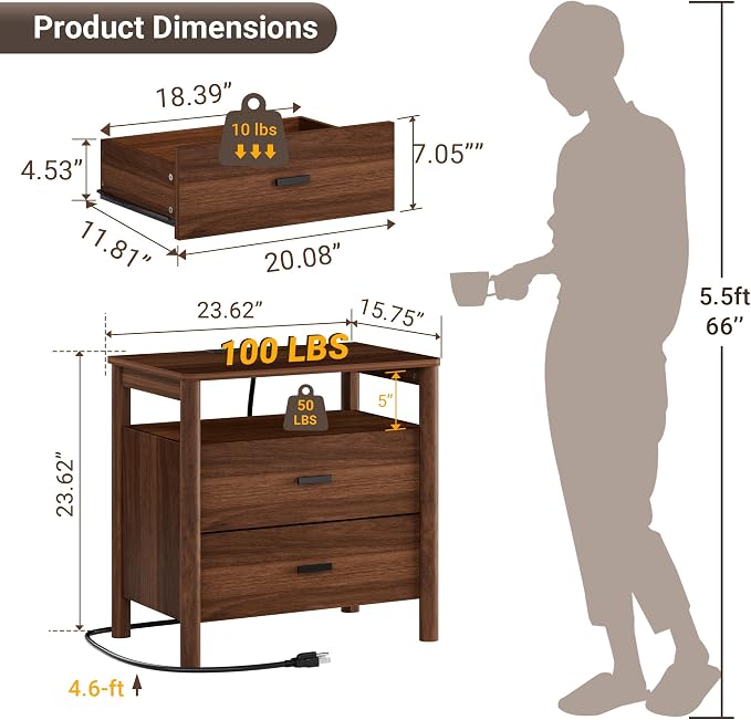 Night Stand Set 2, 23" Wide Nightstands Set of 2, Walnut Nightstand with Charging Station, 2 Drawer Wooden End Table with Solid Round Post Legs & Open Shelf,Modern Bedside Table for Bedroom - Image 2
