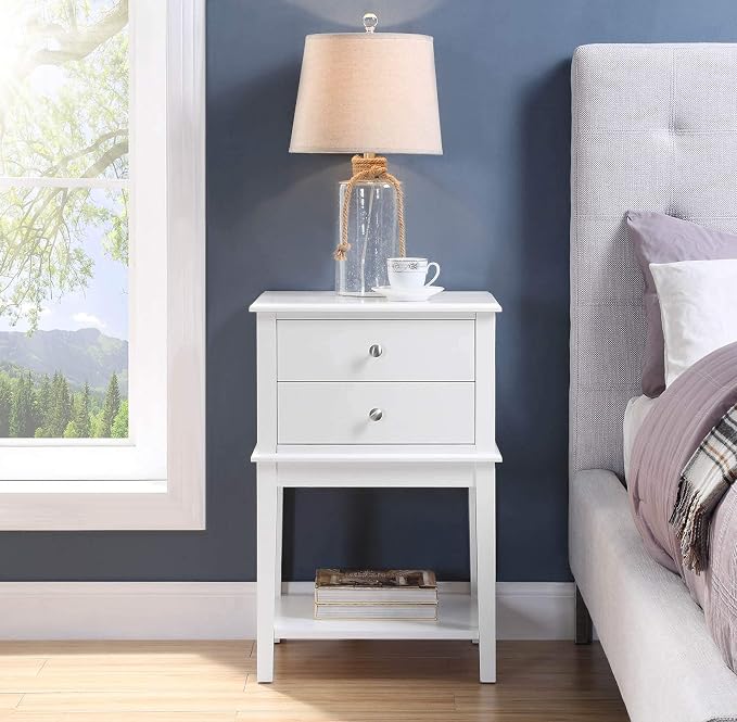 conifferism White Nightstand 2 Drawers and Storage Shelf, 28 Inch High Bedroom Night Stand, Contemporary Modern Bed Side Table, Living Room Country Cottage 19 Inch Wide End Table Metal Sliders by conifferism