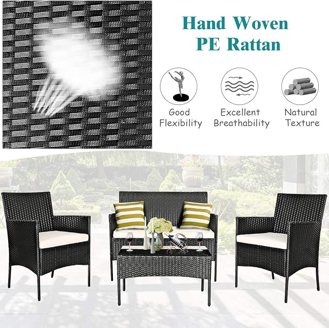 8 Pieces Patio Furniture Set, Outdoor Conversation Set with Ergonomic Curved Backrest, Patio Chair Set with Water-Resistant Cushion & Tempered Glass Table for Balcony,Porch,Poolside(Beige)