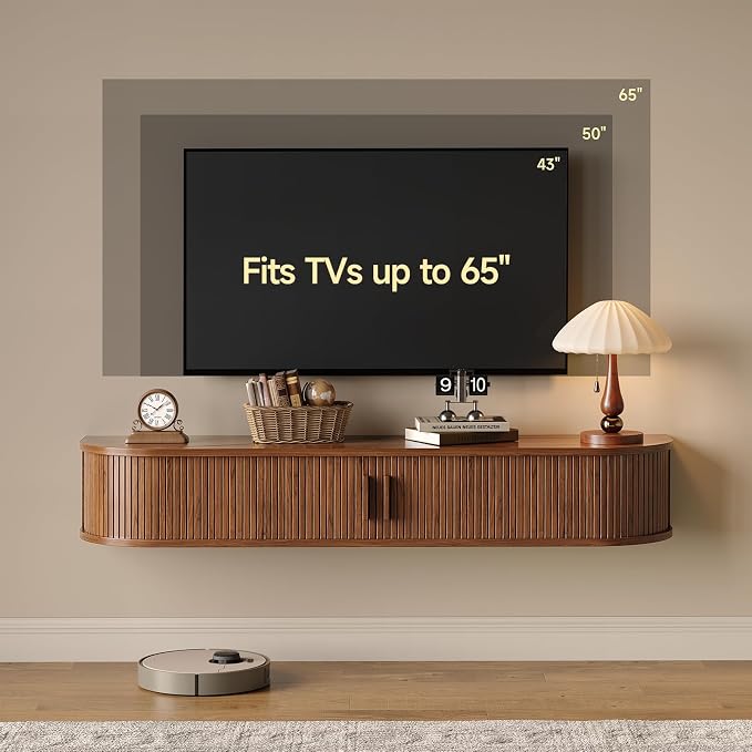 55" Floating TV Stand with Power Outlet for TVs up to 65", Fluted Entertainment Center with Remote Control for LED Lights, Mid-Century Modern TV Console w/Sliding Door for Living Room, Bedroom Walnut - Image 3