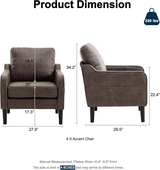 Ribilake Brown Accent Chair Set of 4 - Upholstered Armchair with Side Pockets, Comfy Living Room Arm Chair, Faux Leather Reading Accent Chairs for Bedroom, Living Room, Apartment, Office