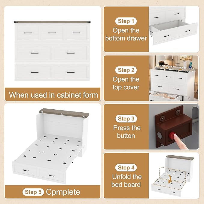 Bellemave Full Size Murphy Bed, Cabinet Bed with Charging Station and 1 Large Storage Drawer, Farmhouse Murphy Cabinet with Foldable Panel, Noisy Free, for Guest Bedroom, Living Room, White