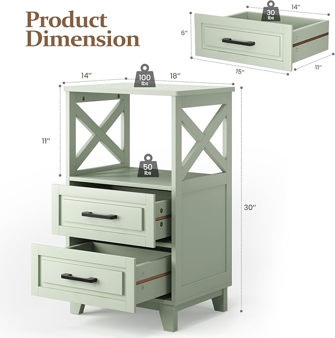 RoyalCraft 30" Tall Nightstand, Modern Painted Bedside Table with 2 Drawers and Open Shelf, Wood Side Table for Bedroom, Home Office, Green-Open Shelf Above, Set of 1 - Image 2