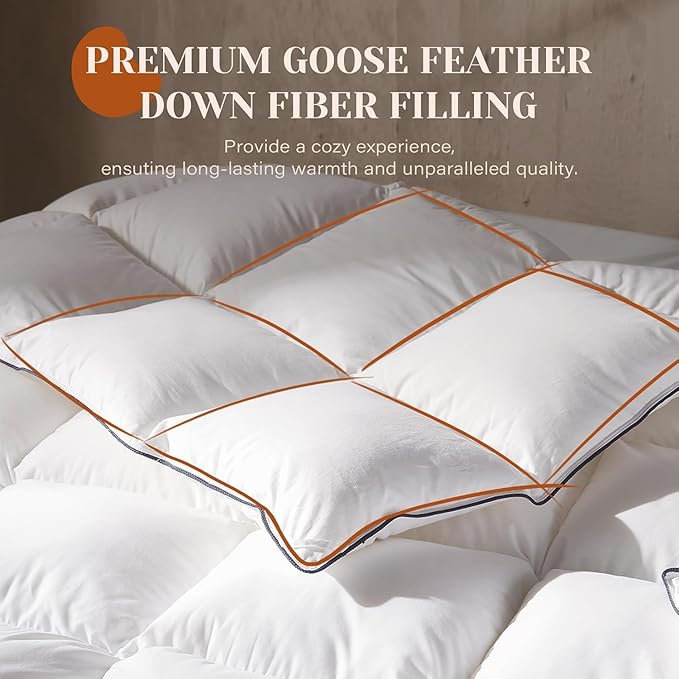 Goose Feather Down Fiber Comforter Full Size, Fluffy Cotton Quilted White Duvet Insert, Ultra-Soft, Breathable, Luxury Bedding Comforter All Season Medium Warmth with Corner Tabs, 82x 86Inch