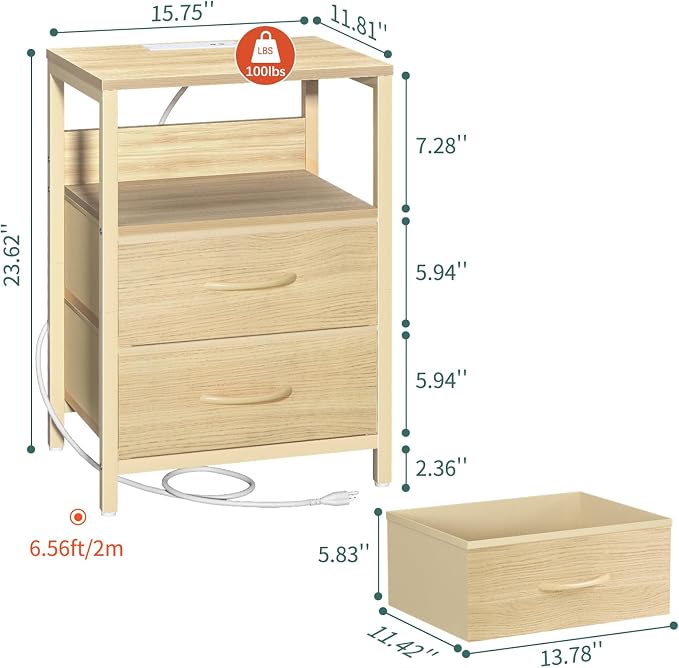 Yoobure Nightstand with Charging Station, Small Night Stand with Fabric Drawers and Storage Shelf for Bedrooms, Nightstands for Small Spaces, Bedside Table with USB Ports & Outlets, Bed Side Table - Image 3