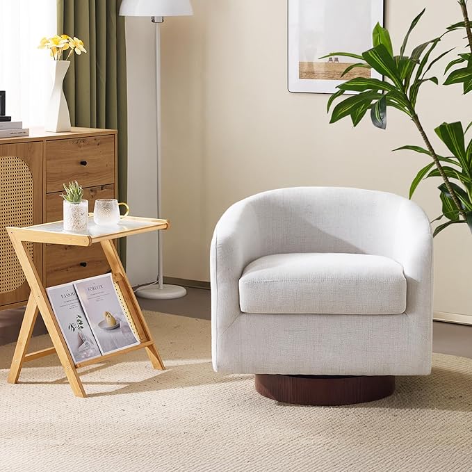 VINGLI 360°Swivel Accent Chair with Engineered Wood Base and Removable Cushion for Living Room, Bedroom, Curved Back Barrel Chair for Small Space, Upholstered Bucket Armchair, Linen Beige