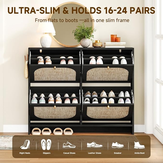 Nicetree Shoe Storage Cabinet for Entryway, Rattan Vintage Flip Shoe Rack- 4 Flip Drawers & 3-Tier Adjustable Shelves,Boho Shoe Organizer for 28-36 Pairs - Fits Size 12 Boots, 9.5" Ultra Slim - Image 6