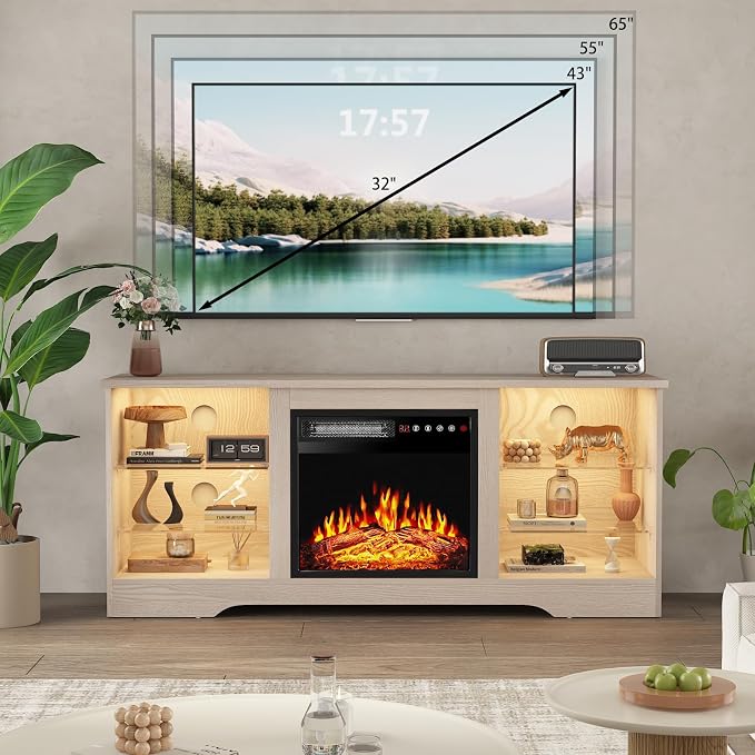PRETZI Fireplace TV Stand with 18" Fireplace Up to 65" TVs, 58" Entertainment Center with LED Lights, TV Media Console with Adjustable Glass Shelves and Storage Cabinets for Living Room, Beige - Image 7