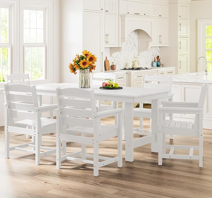 SERWALL 7-Piece Patio Dining Table Sets, Outdoor HDPE Dining Furniture Set with Umbrella Hole Cut-Out Table and 6 Chairs, White - Image 8